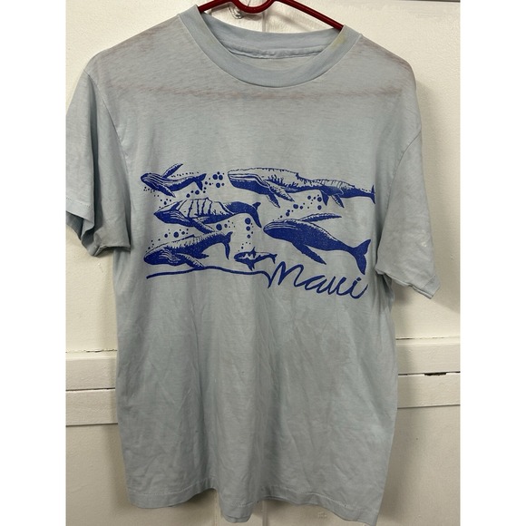 Other - Vintage Maui Whale‎ Print Graphic T-Shirt - Men's Medium - Light Blue Hawaii